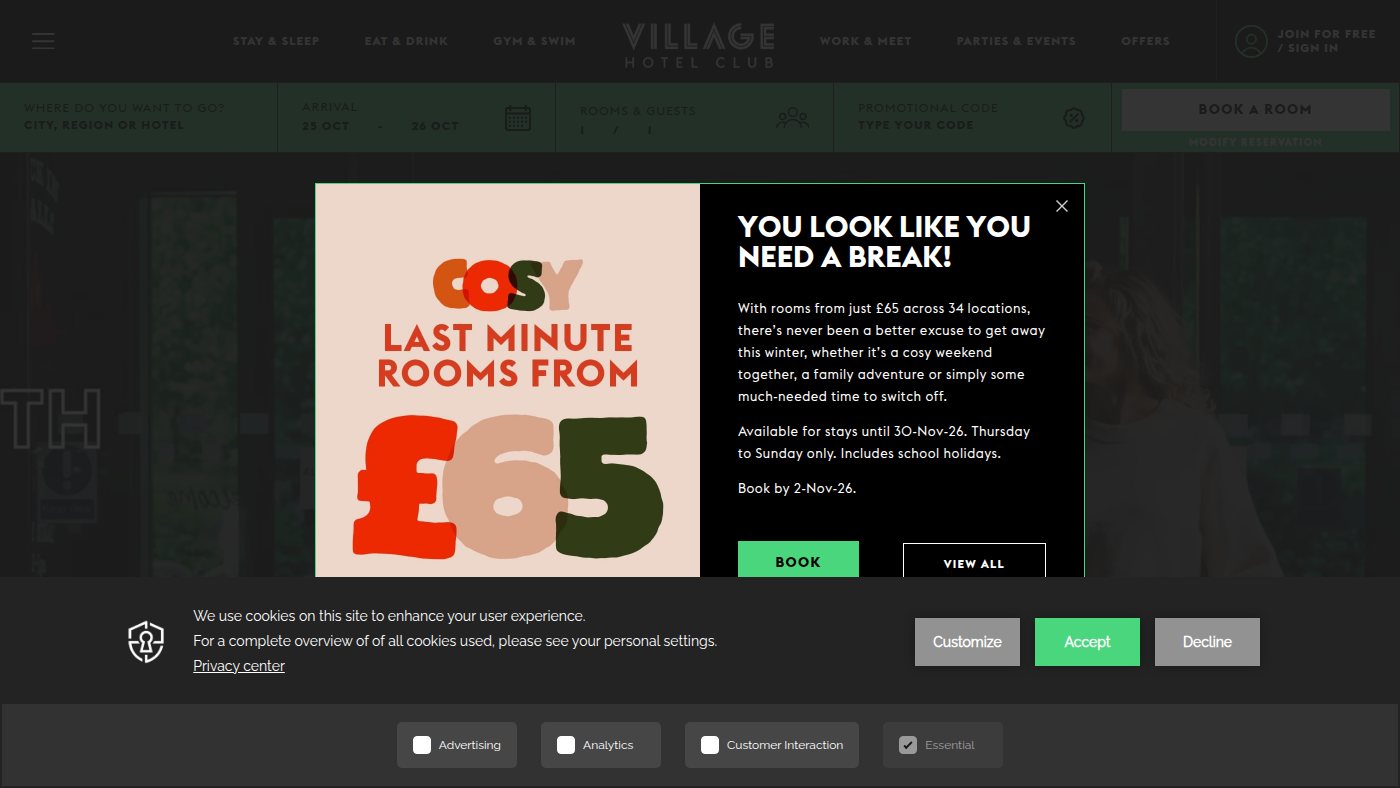 The home page of village-hotels.co.uk