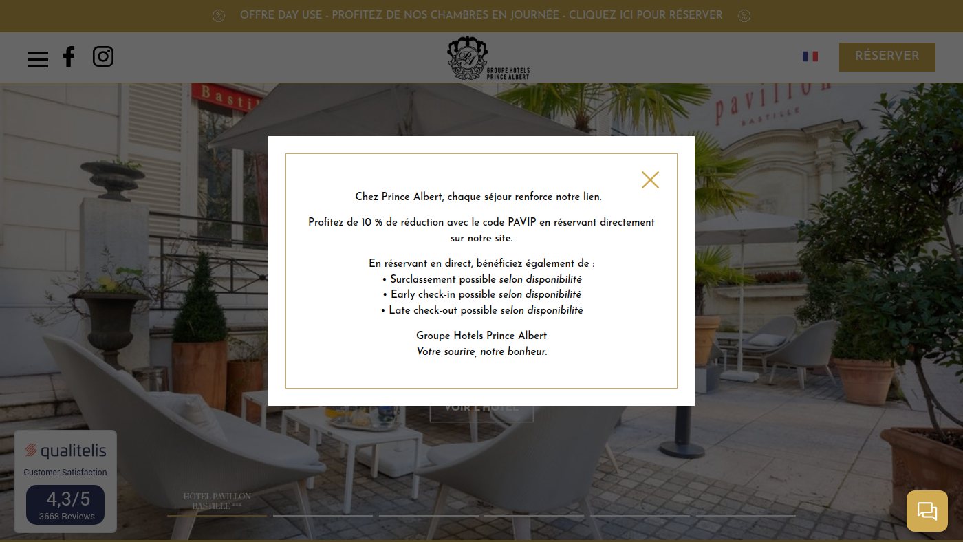 The home page of hotelprincealbert.com