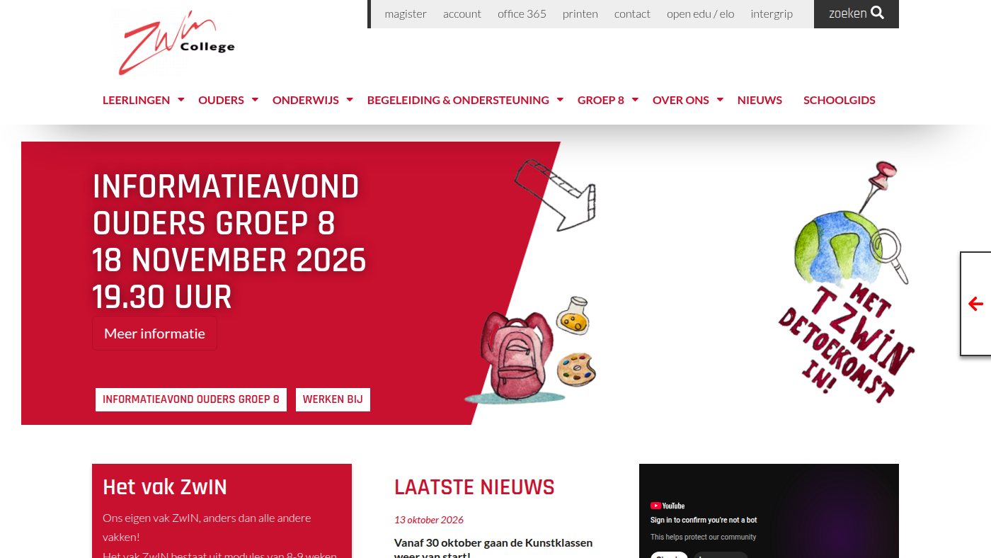 The home page of zwincollege.nl