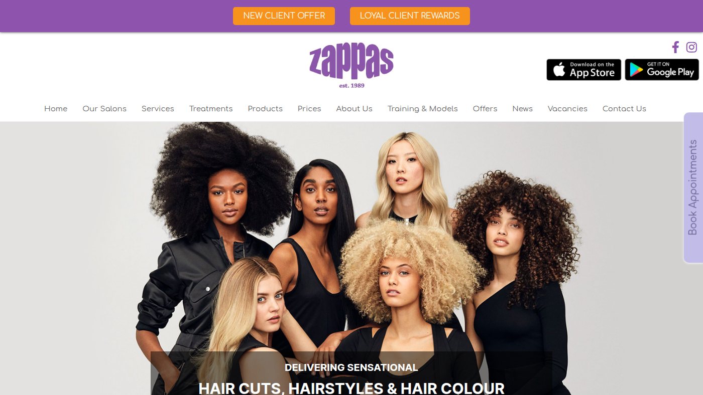 The home page of zappas.co.uk