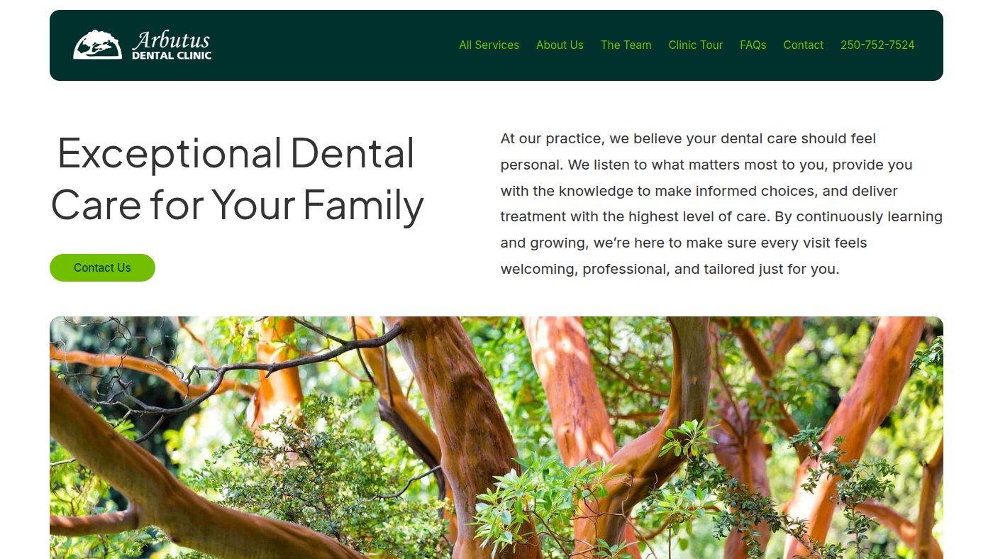 The home page of arbutusdentalclinic.com