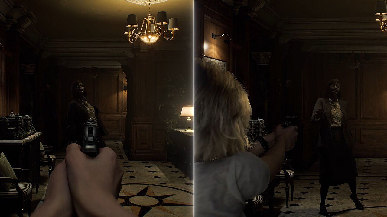 Confronto tra la visuale in prima persona, che enfatizza l'immersione e i dettagli ambientali, e la visuale in terza persona, che mostra la telecamera da combattimento alle spalle del personaggio