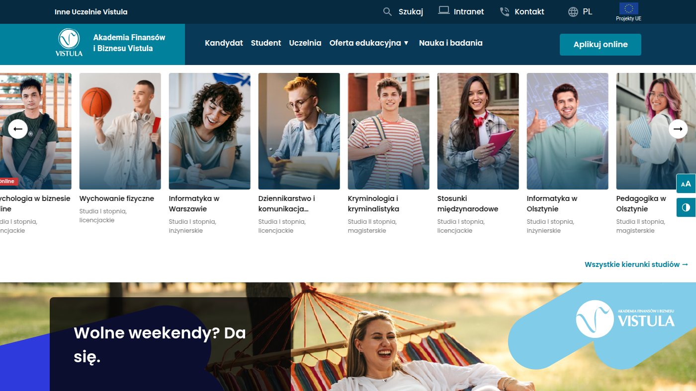 The home page of vistula.edu.pl