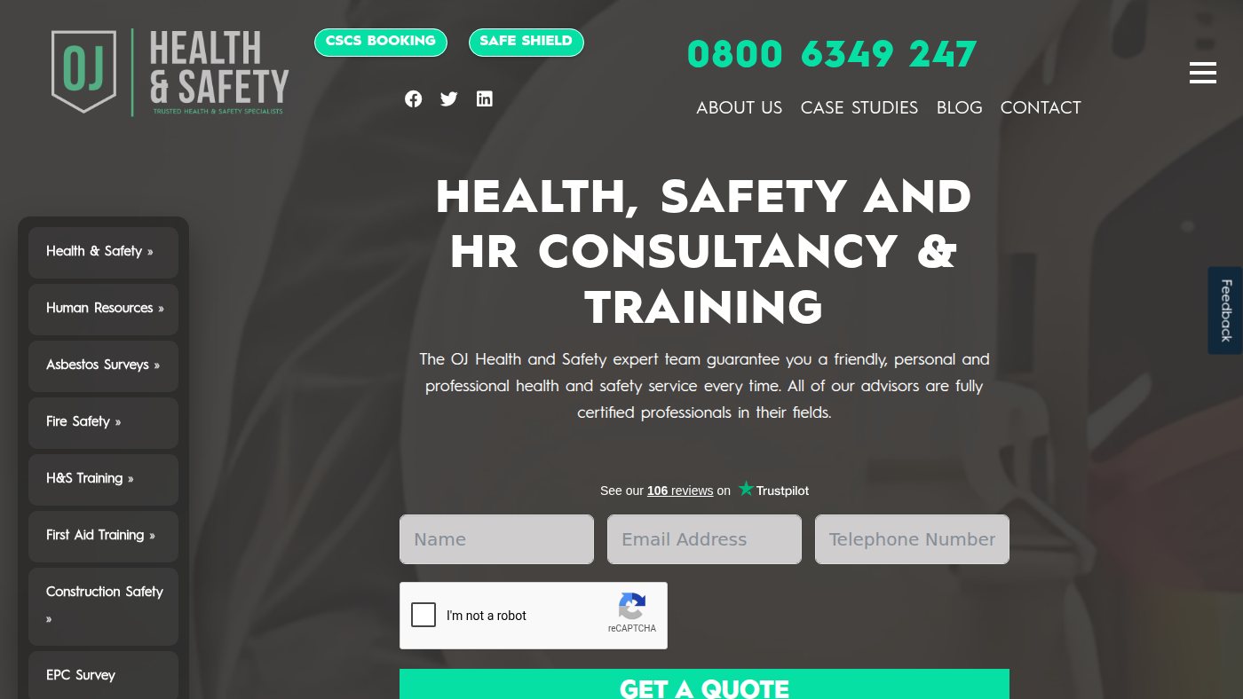 The home page of ojhealthandsafety.co.uk