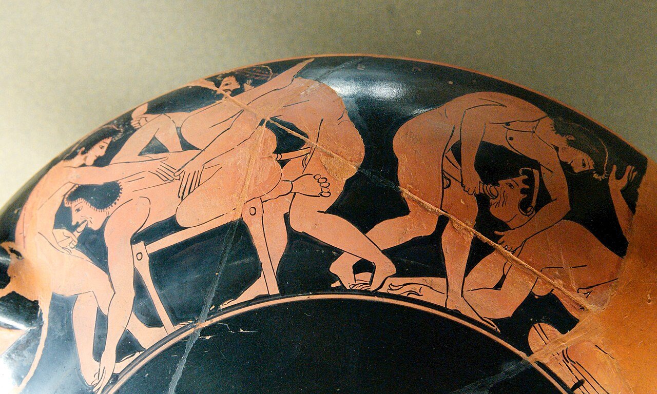 Erotic painting on an ancient Greek kylix