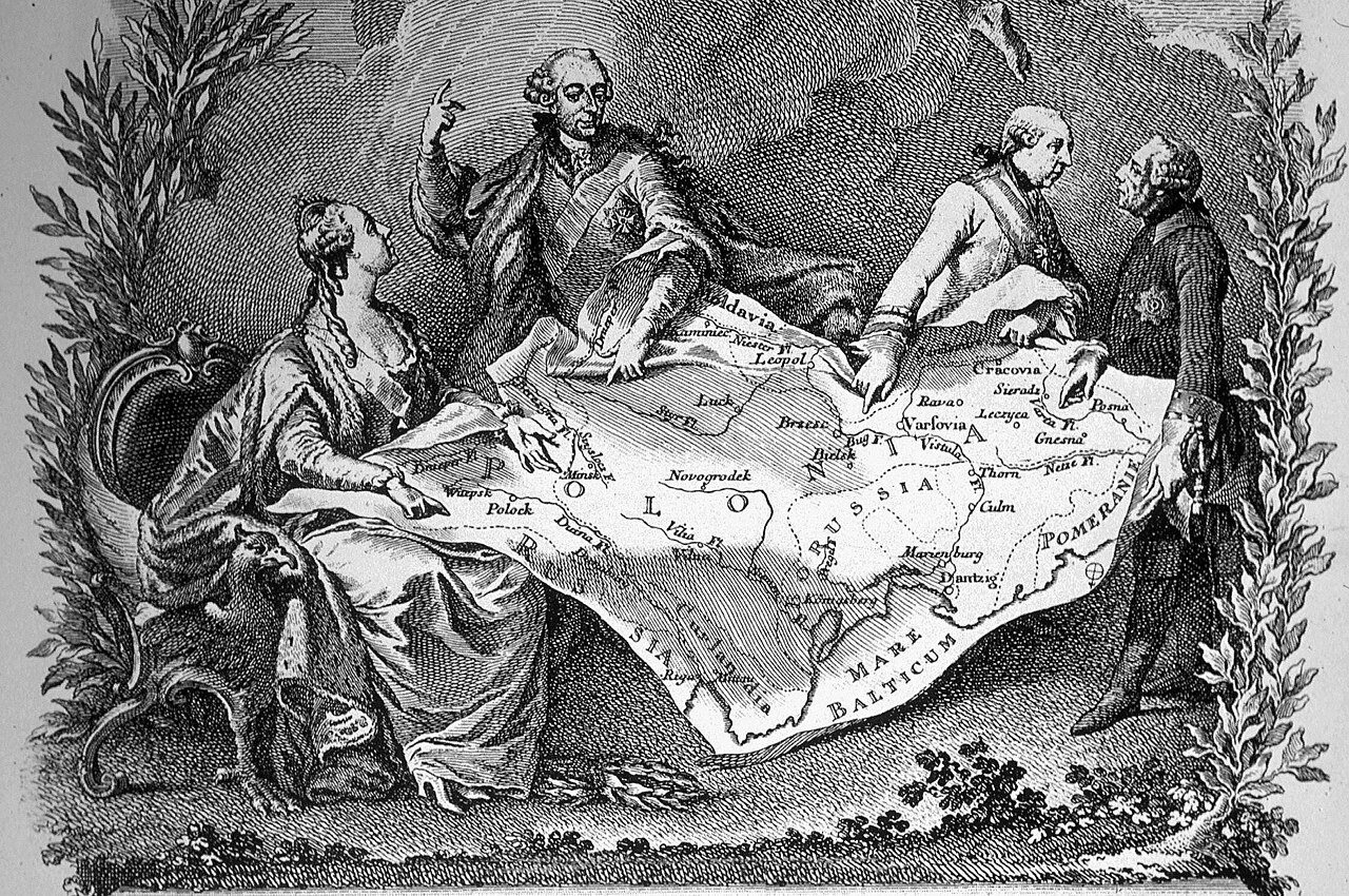 Alegoría del primer reparto de Polonia, que muestra a Catalina la Grande de Rusia (izquierda), José II de Austria (centro) y Federico el Grande de Prusia (derecha) disputándose sus conquistas territoriales