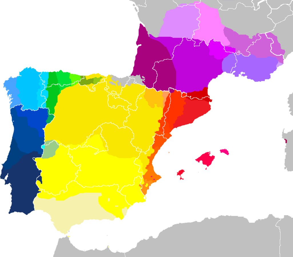 Map of mostly contemporary West Iberian and Occitano-Romance languages and dialects, with endangered languages marked, showing European Portuguese, Galician, Eonavian, Mirandese and Fala as a dialect continuum