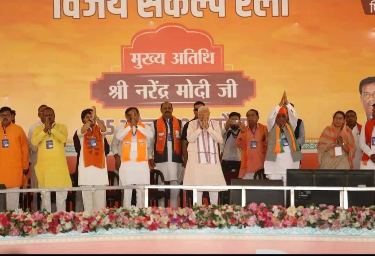 Modi bei einer Wahlkampfkundgebung in Madhya Pradesh zur Parlamentswahl 2024