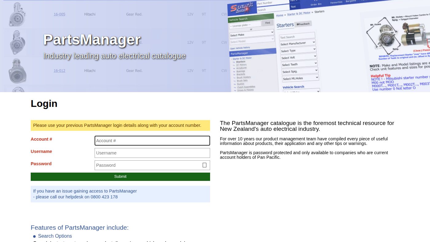 The home page of partsmanager.co.nz