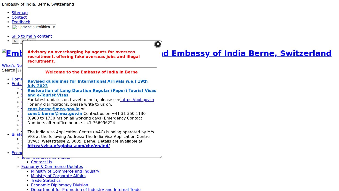 The home page of indembassybern.gov.in