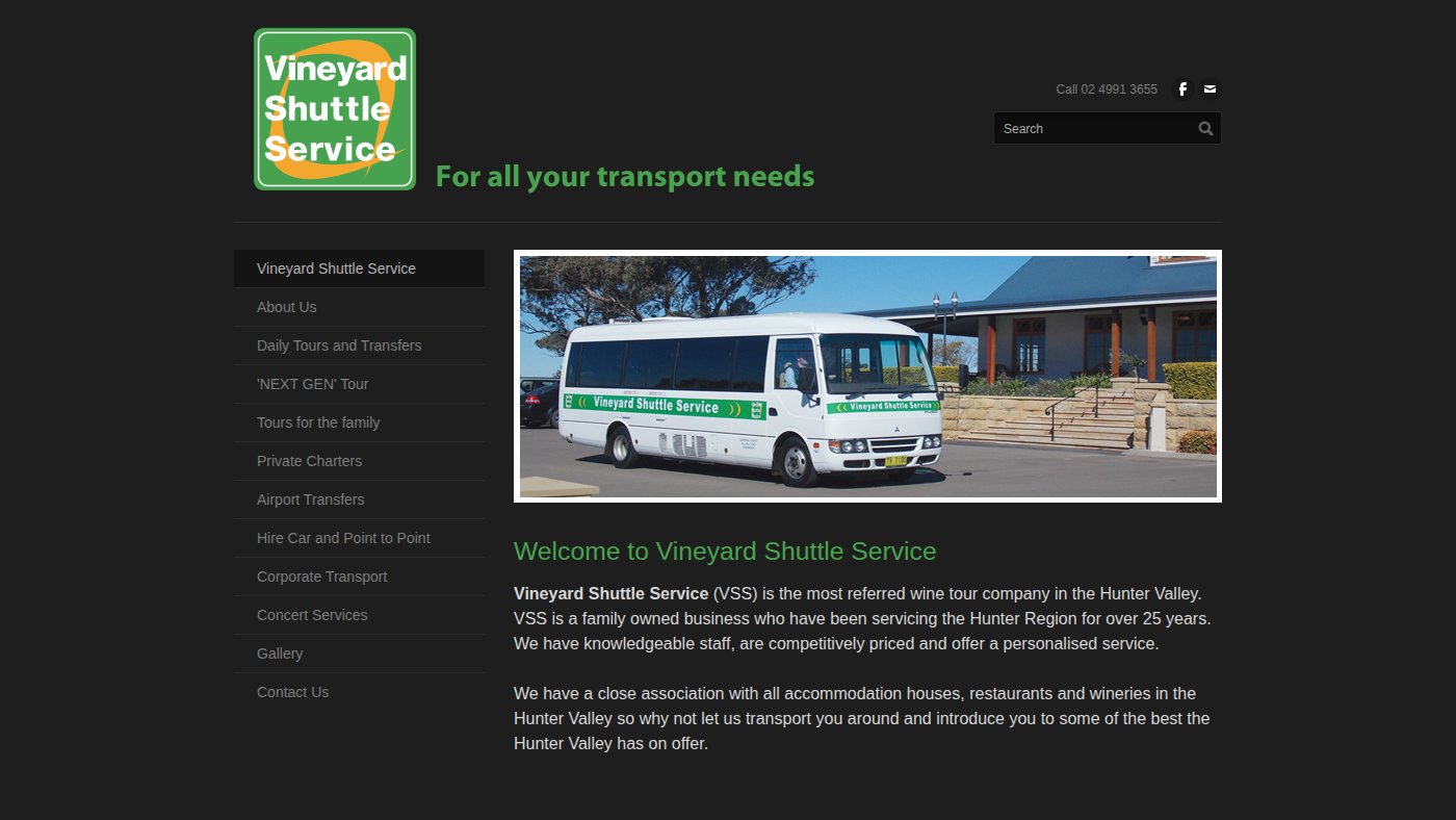 The home page of vineyardshuttle.com.au