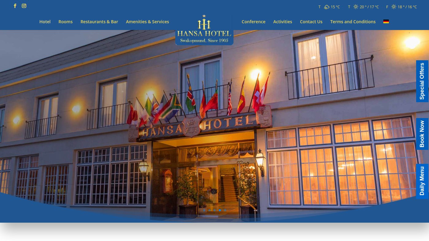 The home page of hansahotel.com.na