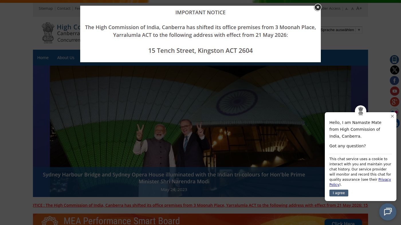 The home page of hcicanberra.gov.in