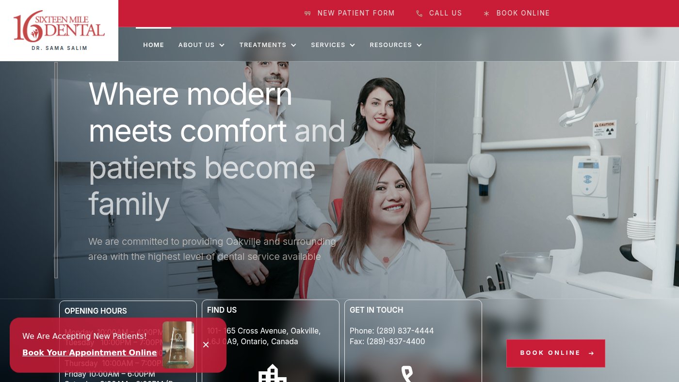 The home page of 16miledental.ca