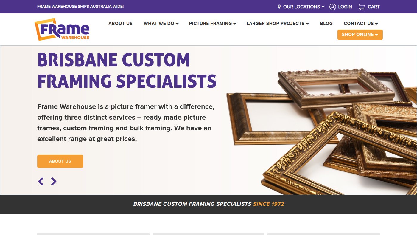 The home page of framewarehouse.com.au