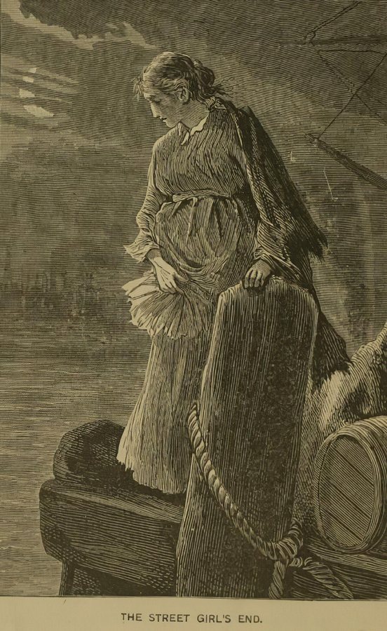 1884 illustration of a homeless girl contemplating drowning herself