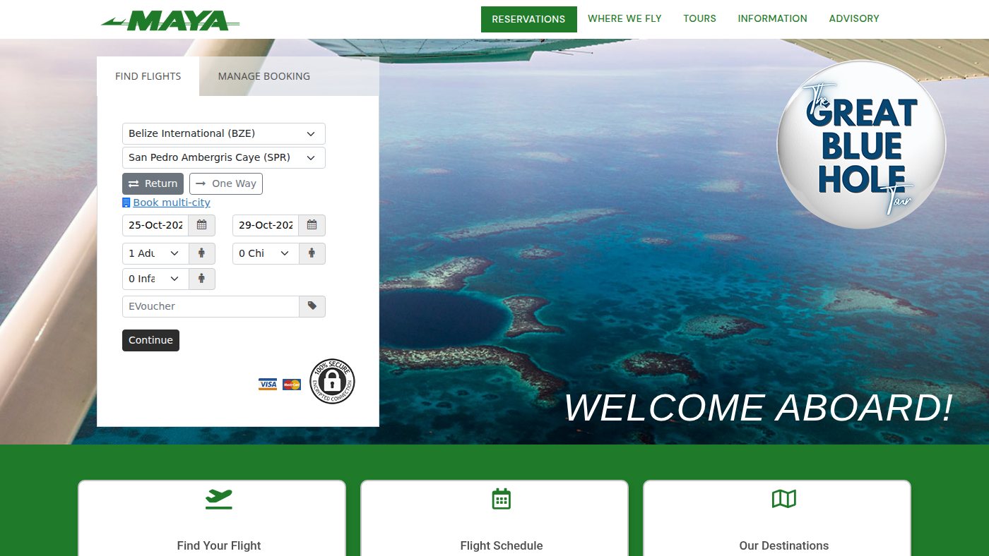 The home page of mayaislandair.com
