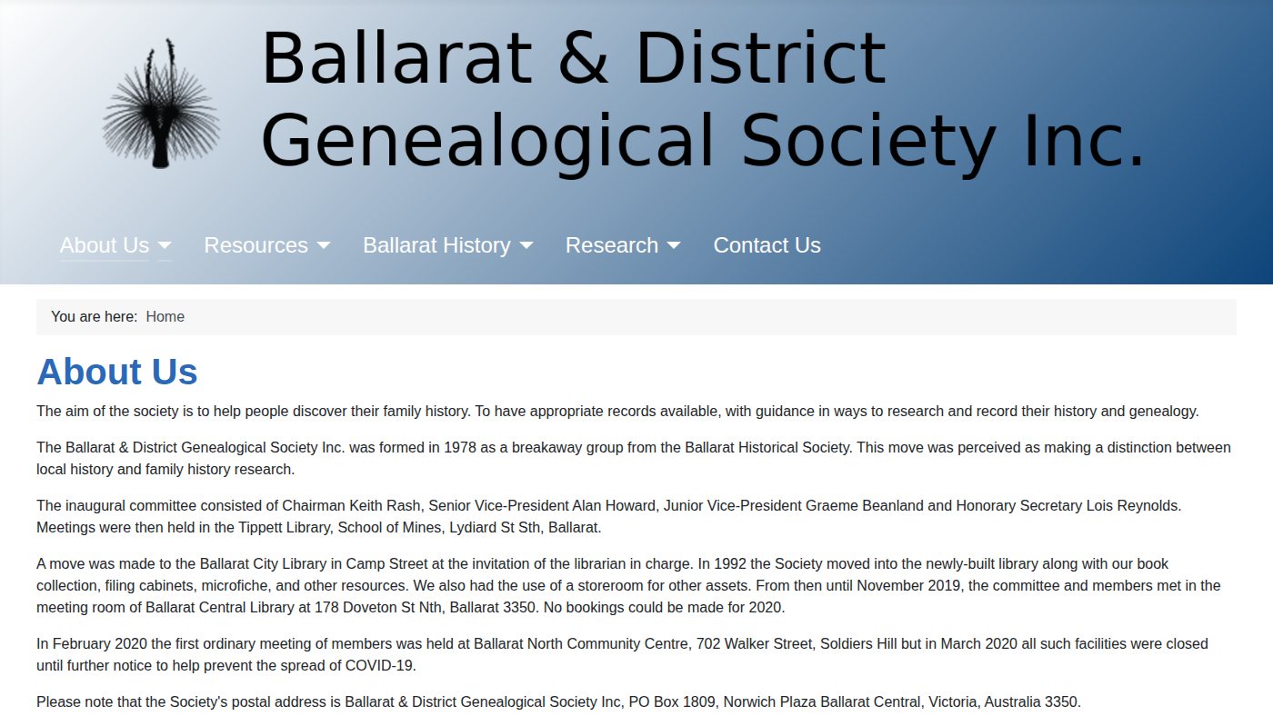 The home page of ballaratgenealogy.org.au