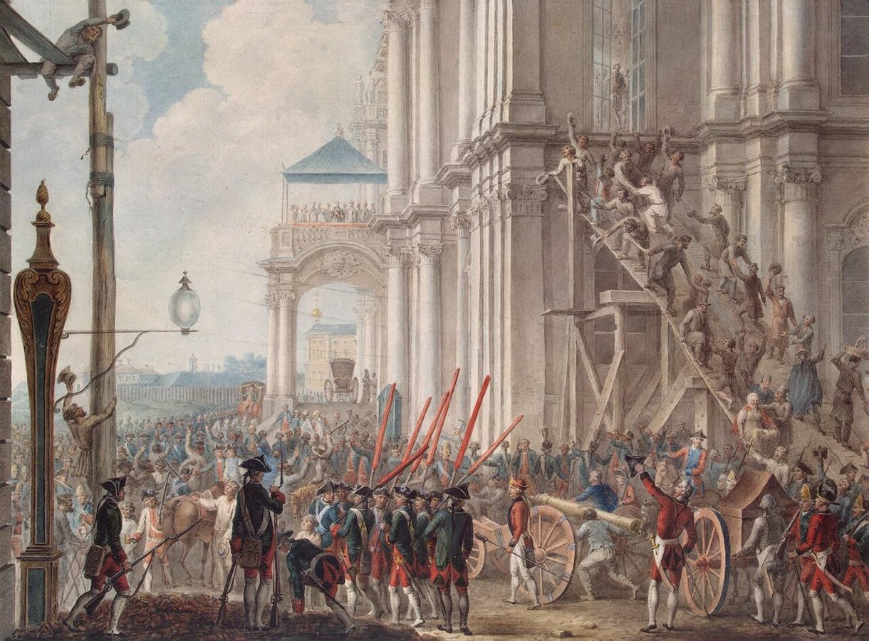 Catherine II on a balcony of the Winter Palace on 9 July (O.S. 28 June) 1762, the day of the coup