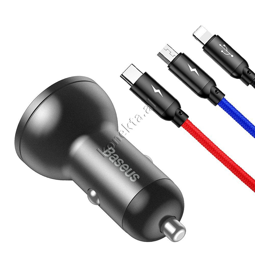 Baseus Car Charger Adapter with 2 Ports and 3-in-1 Cable - Image 1