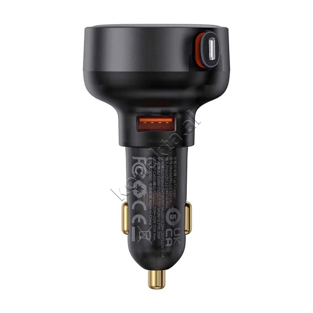 Baseus Car Charger 55W with Retractable Lightning Plug, Black - Thumbnail 3