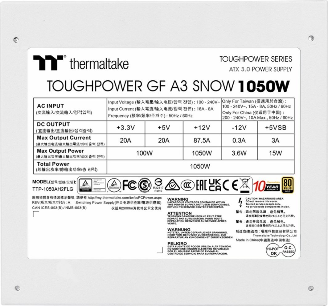 Thermaltake Toughpower GF A3 Snow Power Supply, 1050W, ATX 3.0 - Thumbnail 3