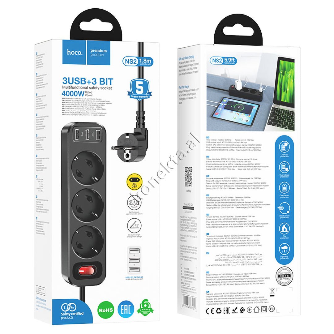 XO Multiprize Power Strip 3 Vendeshe 4000W Me 3 Porta USB 2.4A - Thumbnail 7