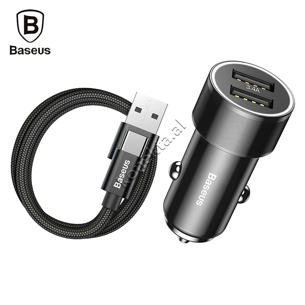 Baseus Car Charger, 2 Ports, Type-C, 3.4A, 1m Cable, Black - Image 1