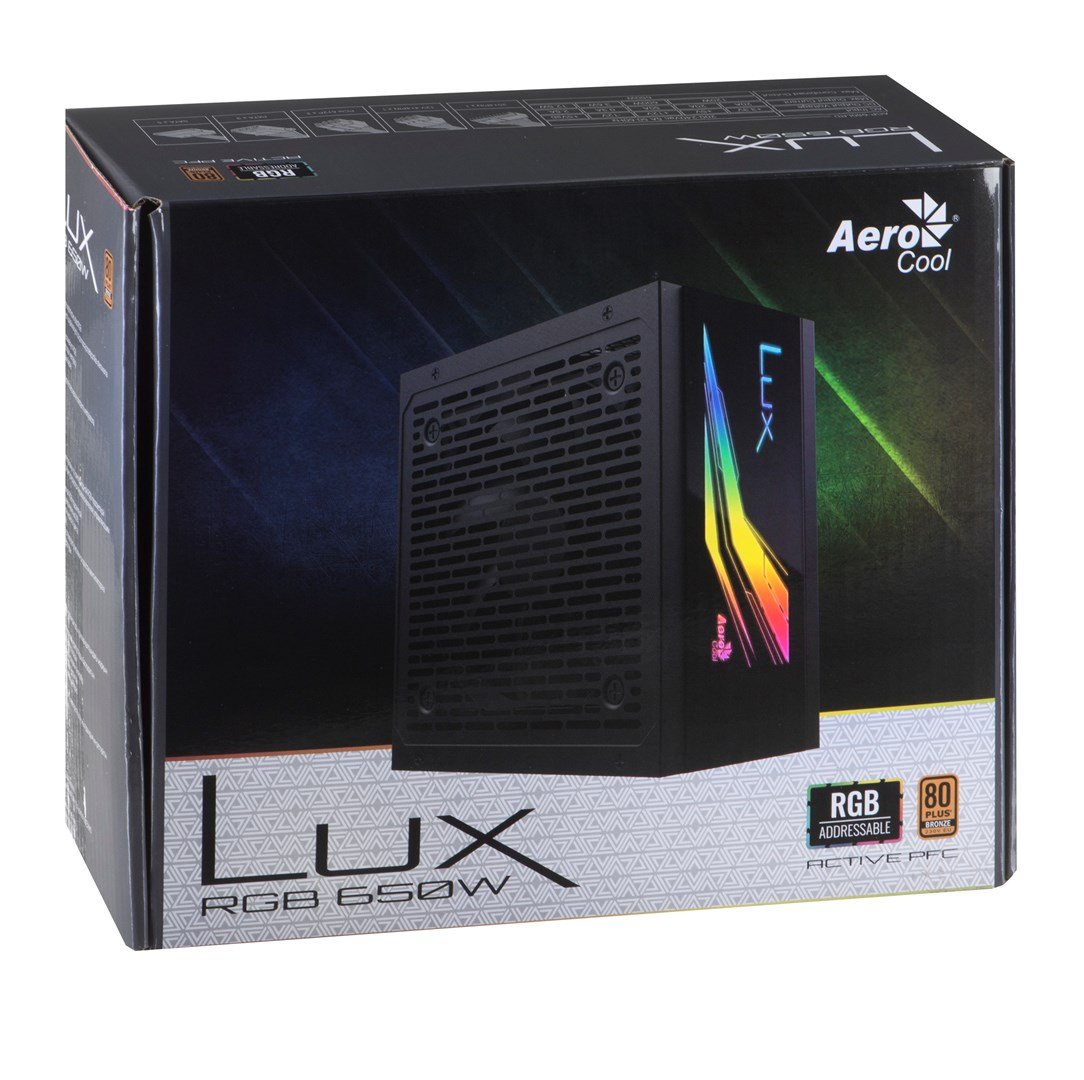 Aerocool LUX RGB Power Supply, 650W, 80Plus Bronze, 12cm Fan, Black - Thumbnail 4