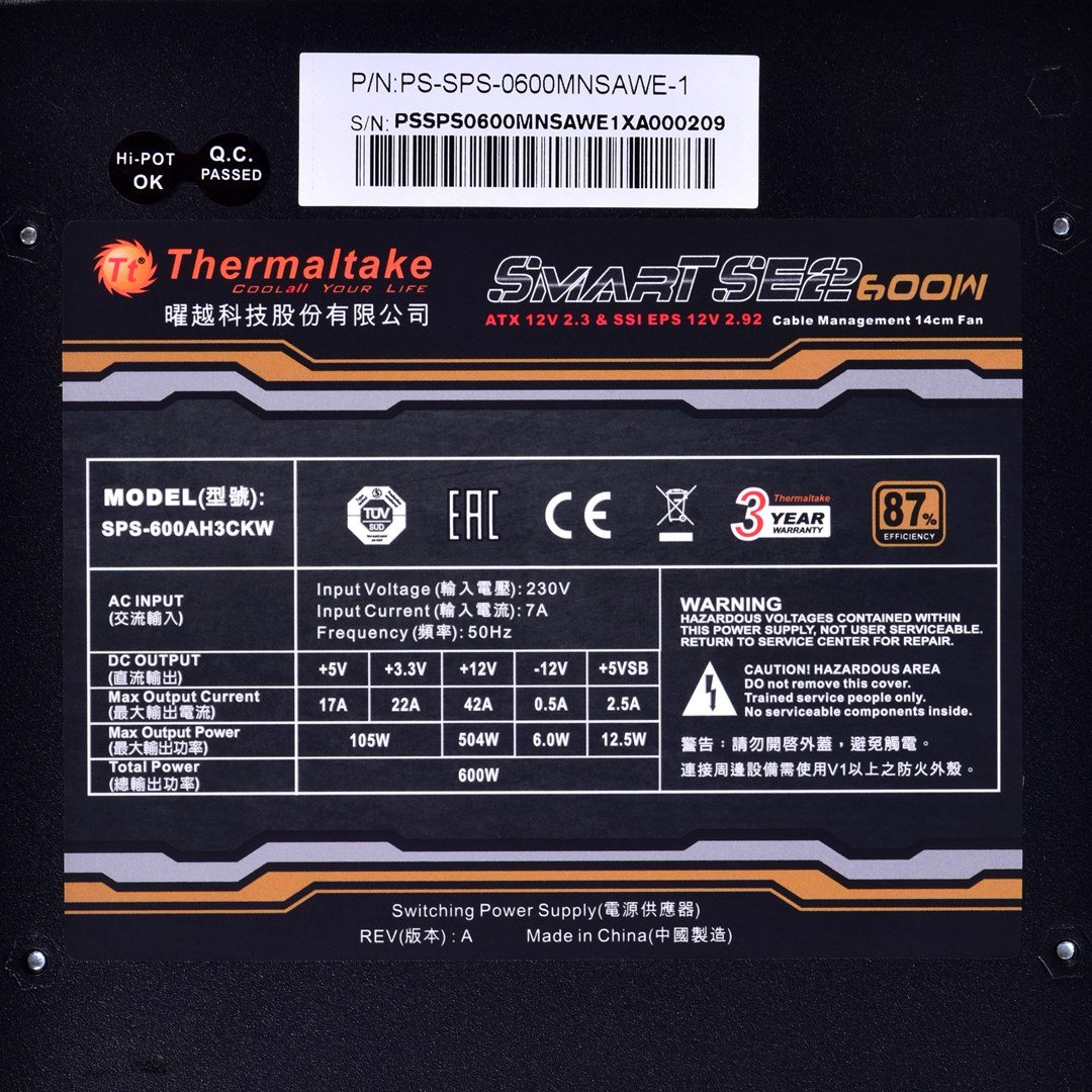 Thermaltake Smart SE2 Power Supply, 600W, ATX, 230V, Black - Thumbnail 11