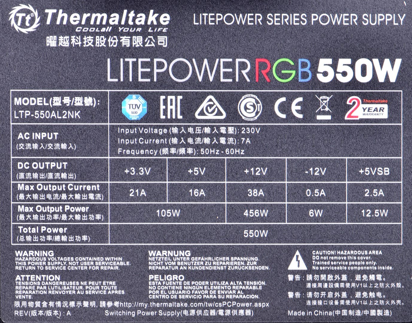 Thermaltake Litepower RGB Power Supply, 24-pin ATX, 550W - Thumbnail 3