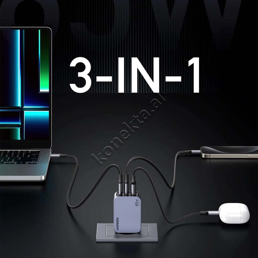 UGreen Nexode Pro 65W Charger, Grey, USB-A & 2xUSB-C Ports - Thumbnail 2