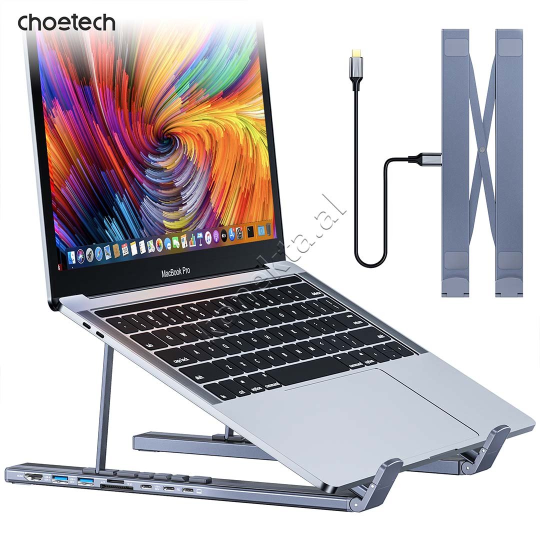Choetech Laptop Holder with Integrated HUB Adapter, Silver - Thumbnail 4