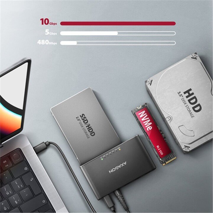 Axagon ADSA-CC Docking Station USB-C 10Gbps - NVMe M.2 SSD & SATA 2.5"/3.5" - Thumbnail 5