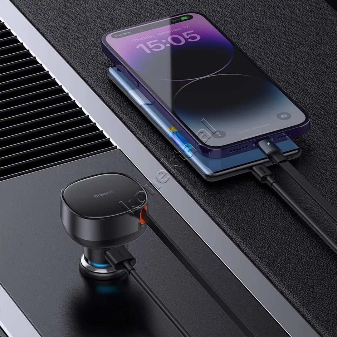 Baseus Car Charger 55W with Retractable Lightning Plug, Black - Thumbnail 7