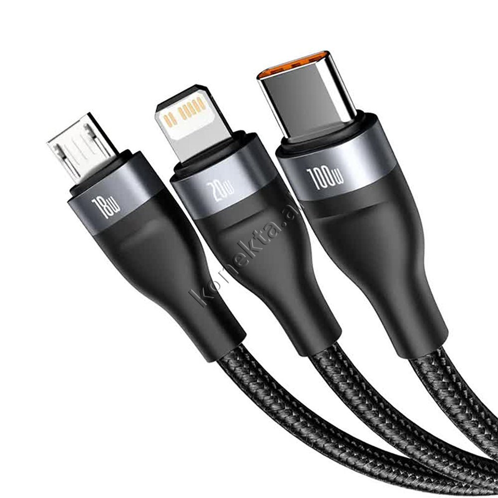 Baseus USB Cable 2 in 3, 100W, USB - Type-C to Lightning, Micro, Type-C, 1.2m - Thumbnail 4