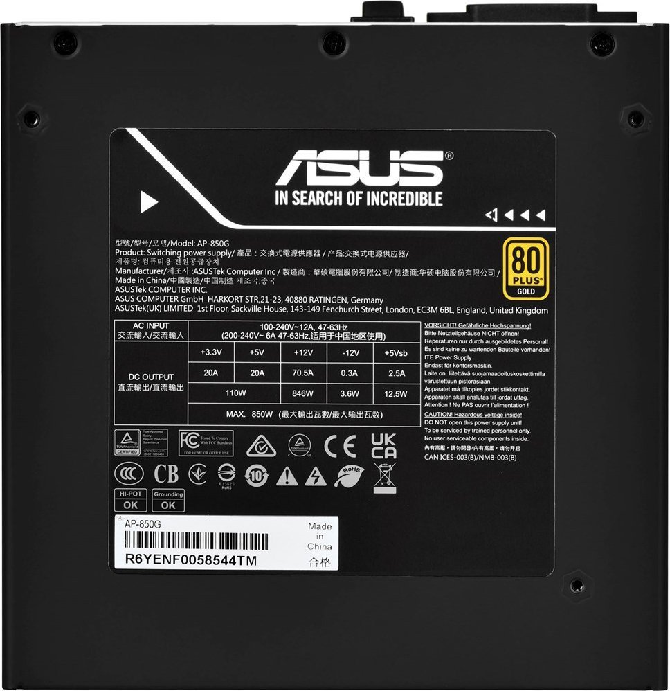 Asus Prime Gold 90YE00U0-B0NB00 Power Supply, 850W, ATX 3.0 - Thumbnail 2