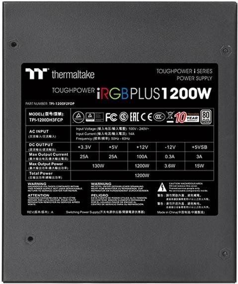 Thermaltake Toughpower iRGB 80 Plus Power Supply, 1200W - Thumbnail 7