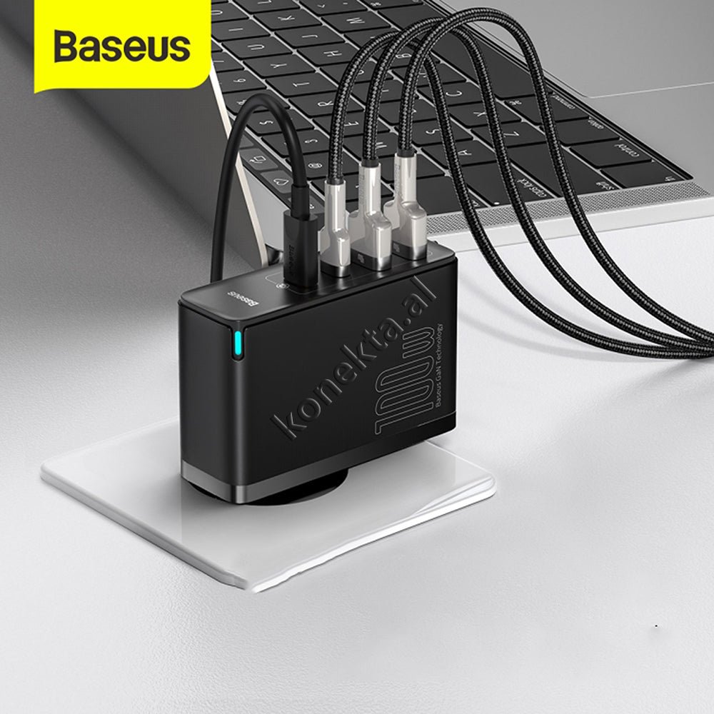 Baseus 4-Port Charger, USB + Type-C, 100W, with Type-C Cable, Black - Image 1
