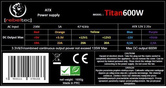 Rebeltec Titan RBLZAS00005 Power Supply, 600W - Thumbnail 3