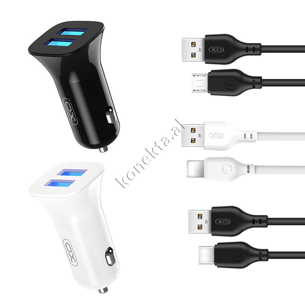 XO TZ10 Car Charger, Black, Dual Port 12W, Lightning / Type-C / Micro - Image 1