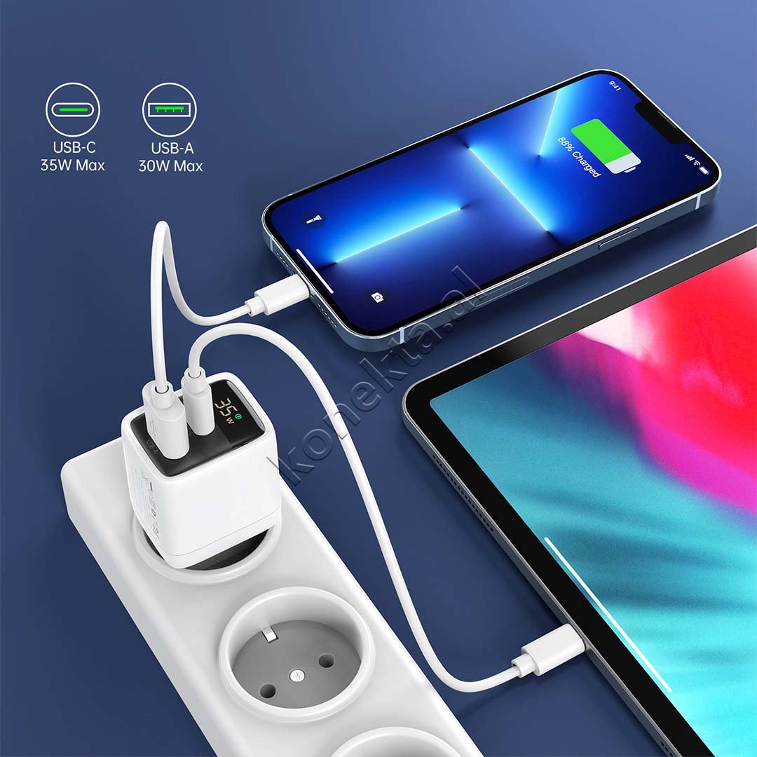 Choetech Adaptor Karikimi 35W Me Porte USB-A Dhe Type-C Me Display - Thumbnail 5