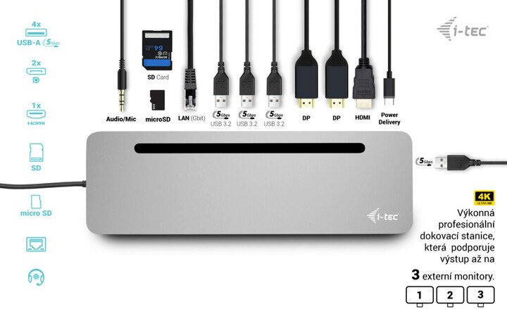 I-Tec Docking Station USB-C Metal Ergonomic, 3x 4K Display, PD 100W + i-tec Universal Charger 100 W - Thumbnail 4
