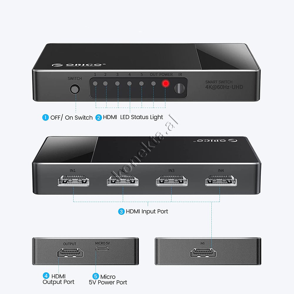 Orico HDMI Switch, 5 Porta, Grise - Thumbnail 5