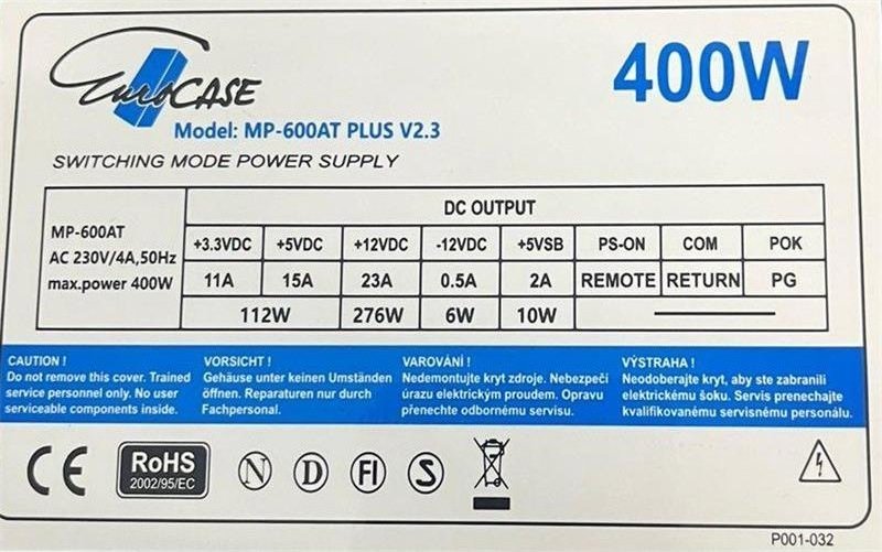 Eurocase MP-600AT Power Supply, 400W - Thumbnail 2