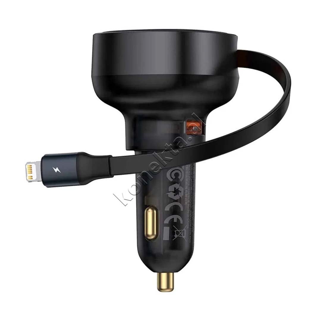 Baseus Car Charger 55W with Retractable Lightning Plug, Black - Image 1