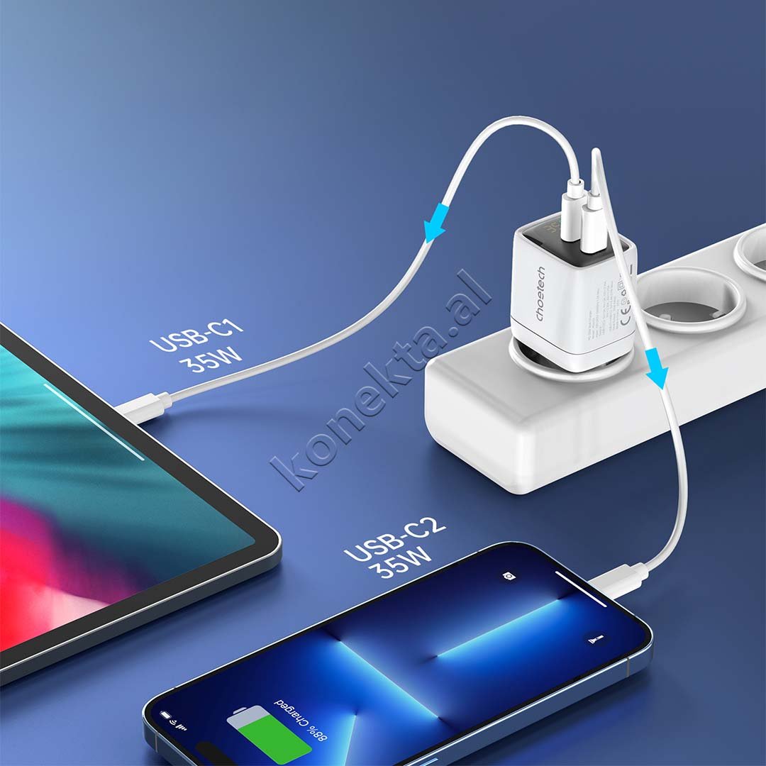 Choetech Adaptor Karikimi 35W Me 2 Porta Type-C Dhe Display - Thumbnail 7