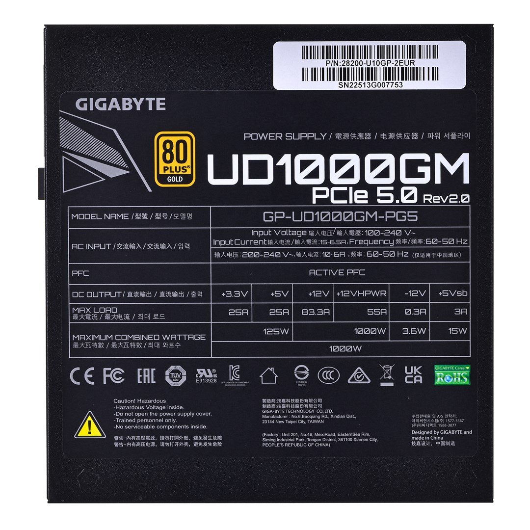 Gigabyte UD1000GM PG5 Power Supply, 20+4 pin ATX, 1000 W, Black - Thumbnail 4