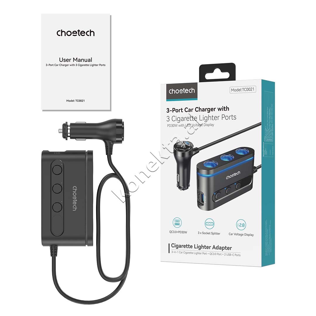 Choetech Car Charger, 200W, 2x Type-C, 1x USB - Thumbnail 9