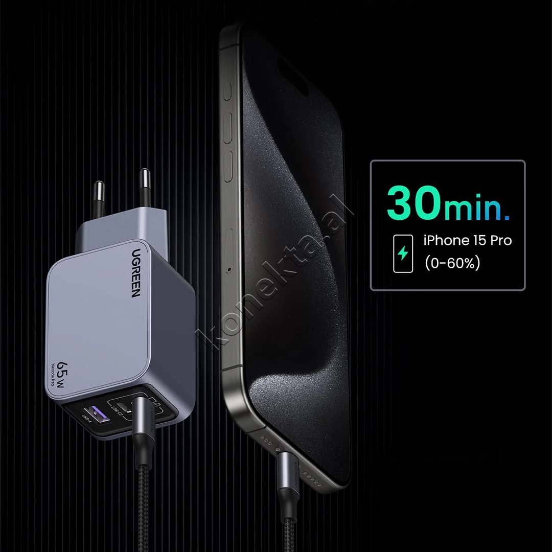 UGreen Nexode Pro 65W Charger, Grey, USB-A & 2xUSB-C Ports - Thumbnail 4